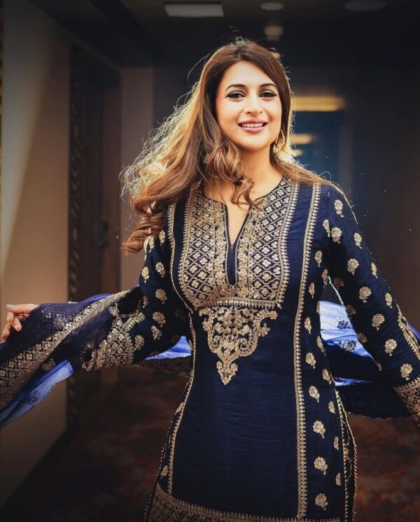 Navy Blue Color Sequence Work Sharara Suit - Image 3