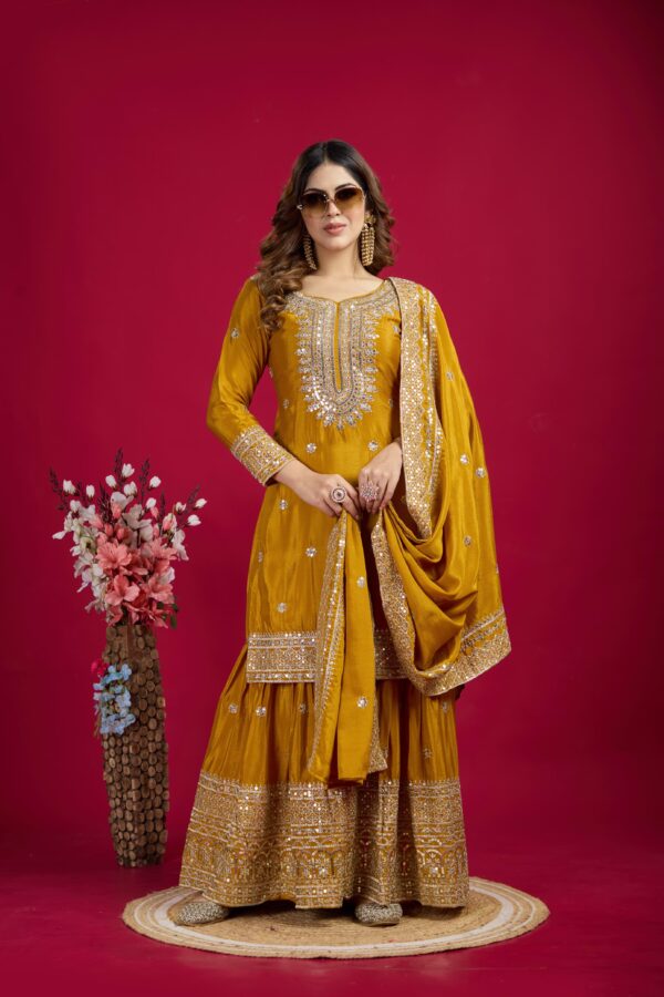 Mustard Color Chinon Silk Sharara Suit - Image 4