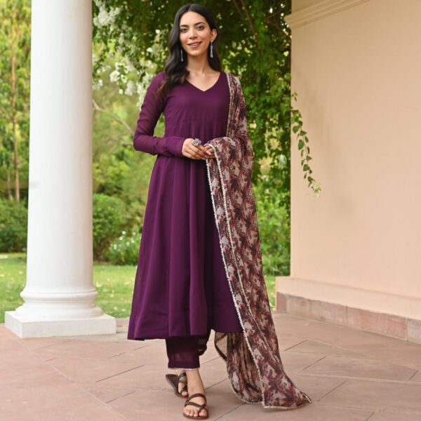 Wine Color Fox Georgette Gown With Dupatta - Image 2