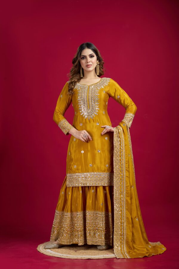Mustard Color Chinon Silk Sharara Suit - Image 3