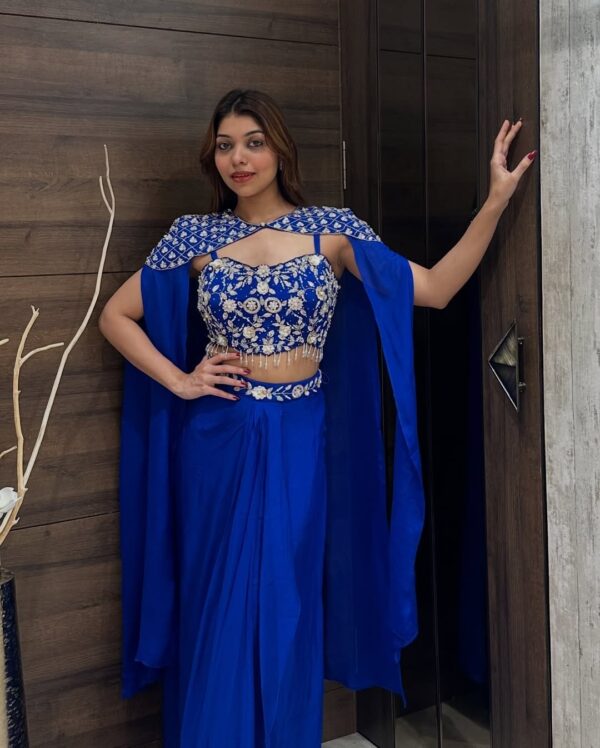 Royal Blue Embroidered Draped Saree Gown with Cape Sleeves - Image 2