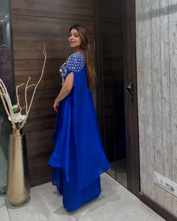 Royal Blue Embroidered Draped Saree Gown with Cape Sleeves - Image 3