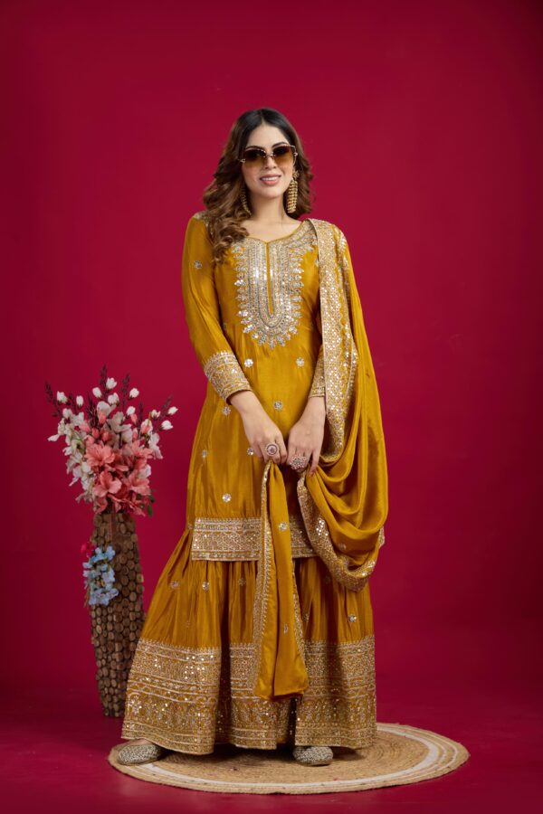 Mustard Color Chinon Silk Sharara Suit - Image 2