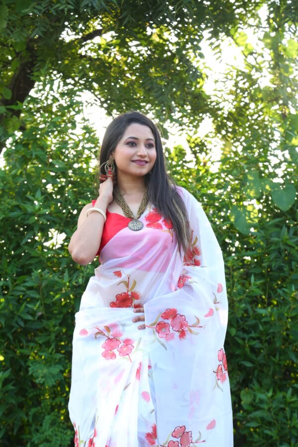 White Color Floral Printed Organza Saree