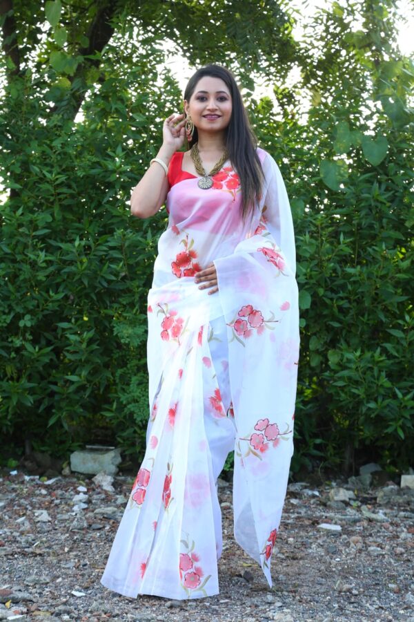 White Color Floral Printed Organza Saree - Image 2