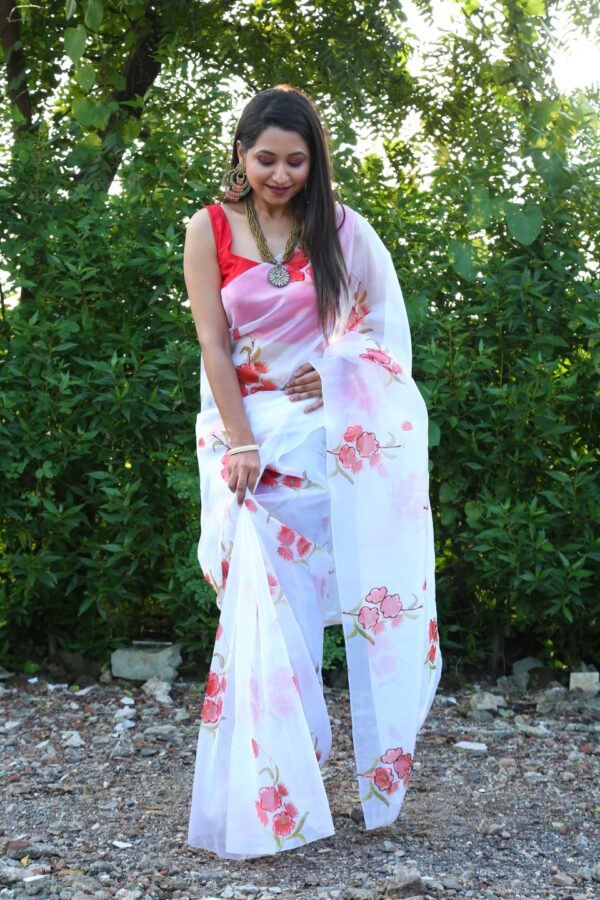 White Color Floral Printed Organza Saree - Image 3