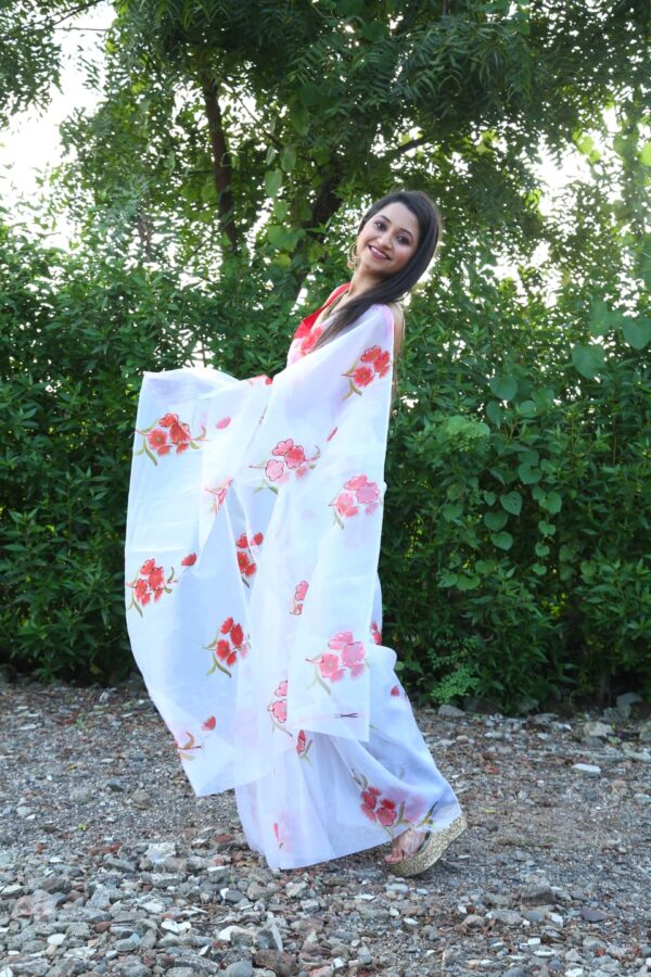 White Color Floral Printed Organza Saree - Image 4