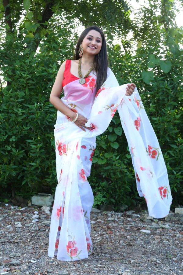 White Color Floral Printed Organza Saree - Image 5