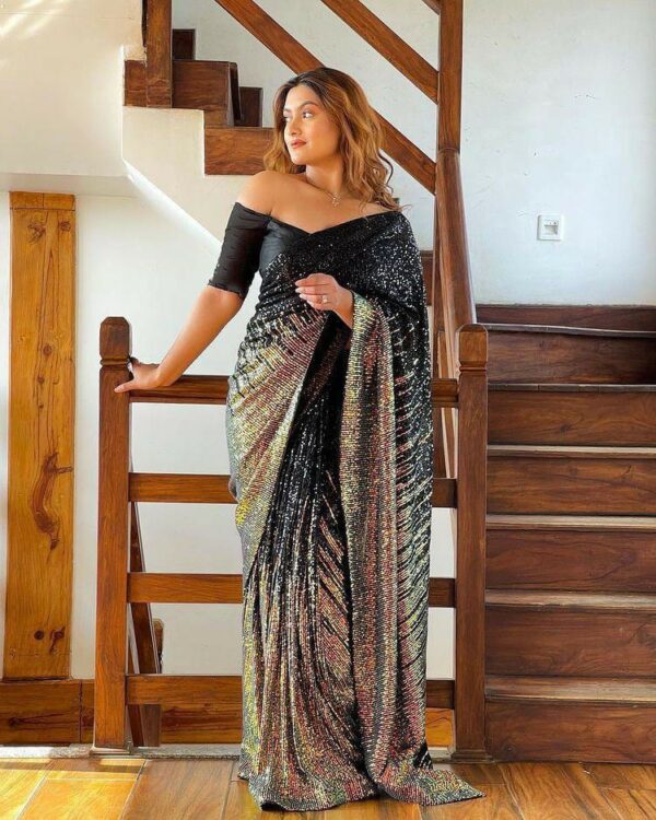 Black Color Sequence Embroidery Work Classy Saree - Image 2
