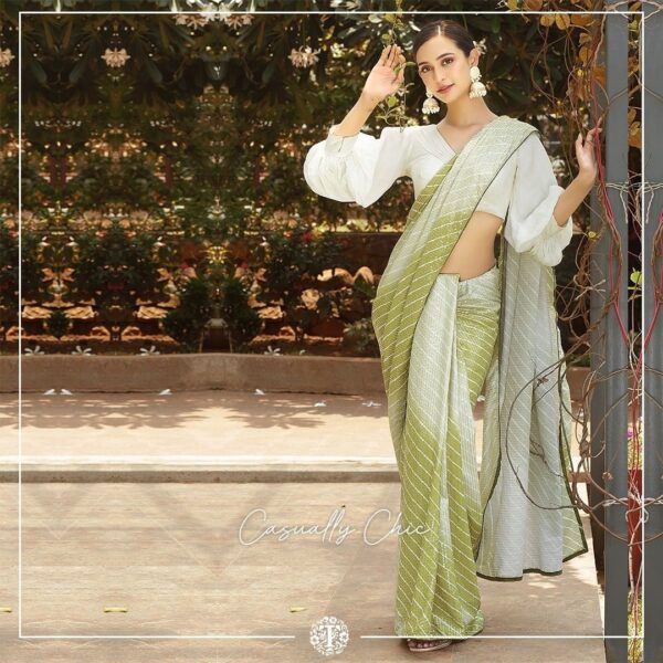 Mehndi Color Beautiful Floral And Leheriya Print Saree - Image 3