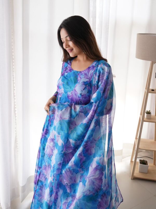 Sky Blue Color Flower Printed Classy Gown - Image 5
