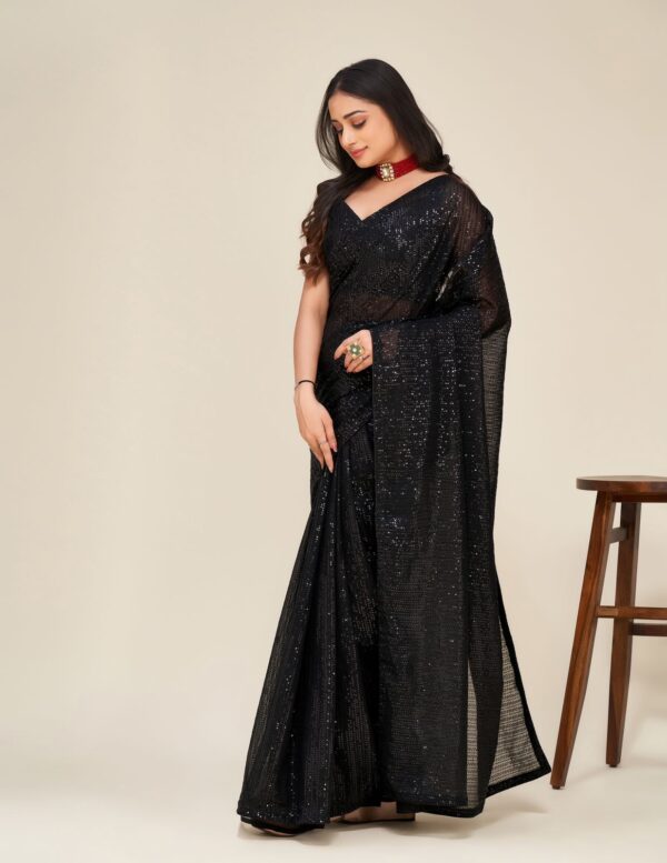 Black Color Beautiful Sequence Work Saree - Image 2