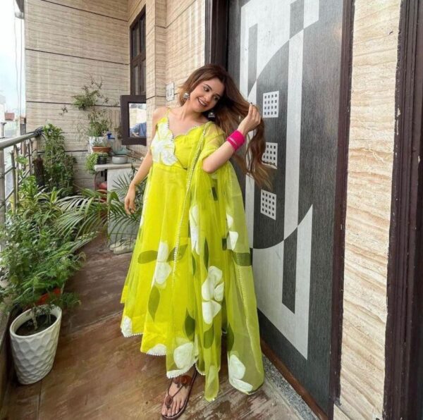 Parrot Green Color Digital Printed Anarkali Gown