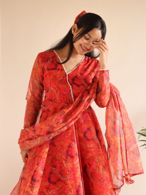 Red Color Organza Silk Anarkali Suit - Image 5