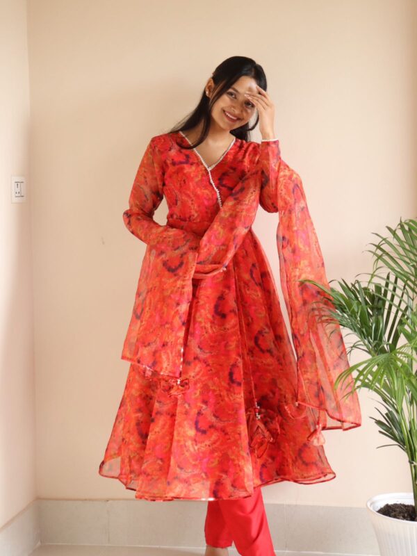 Red Color Organza Silk Anarkali Suit - Image 2