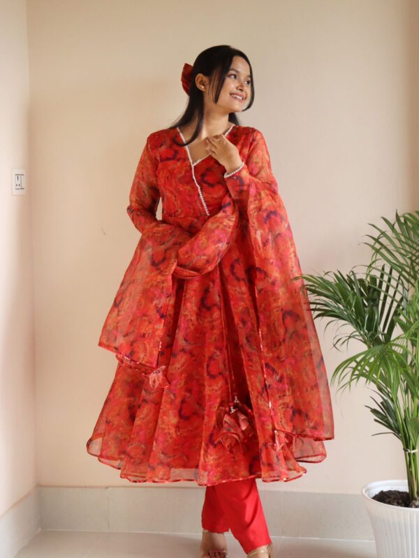 Red Color Organza Silk Anarkali Suit - Image 3