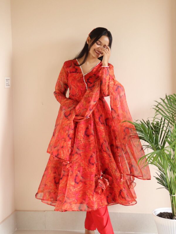 Red Color Organza Silk Anarkali Suit - Image 4