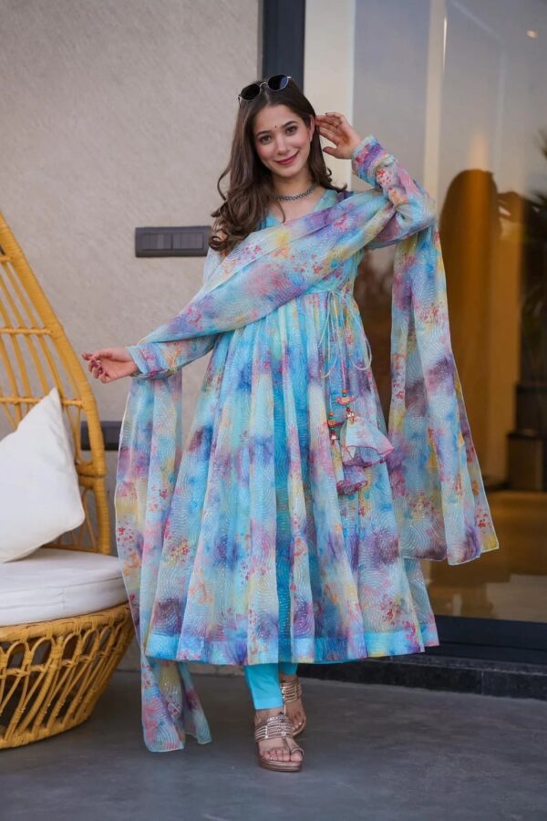 Sky Blue Color Digital Printed Designer Anarkali Gown - Image 3