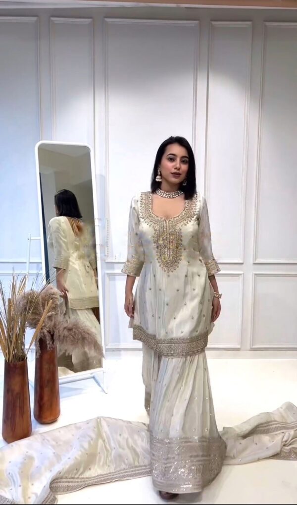 White Color Embroidery With Sequence Work Sharara Suit - Image 2