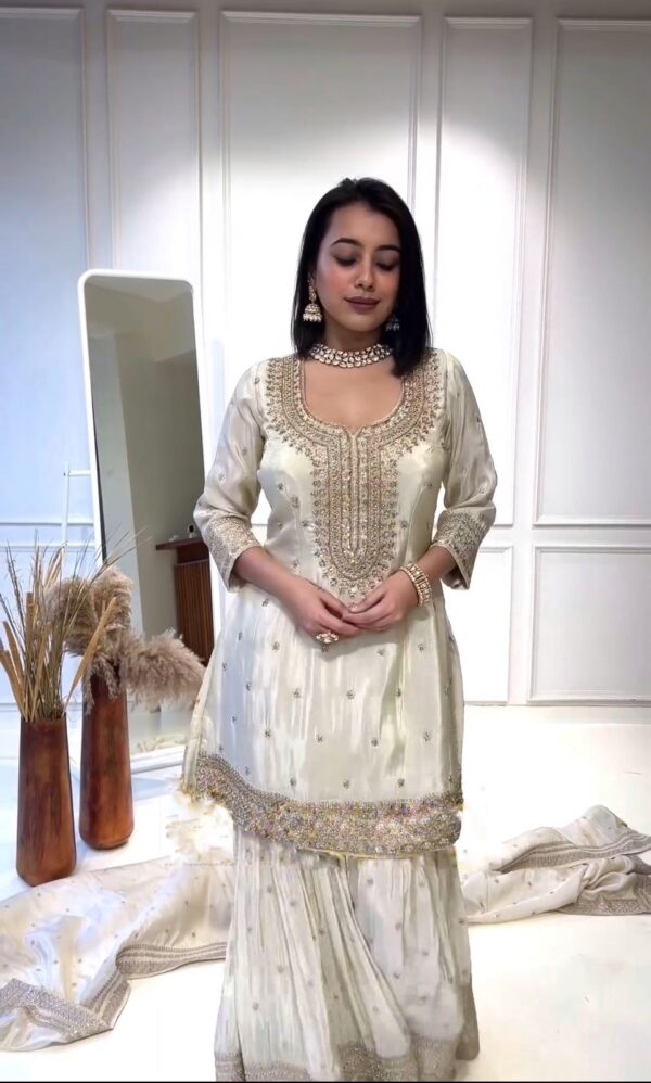 White Color Embroidery With Sequence Work Sharara Suit