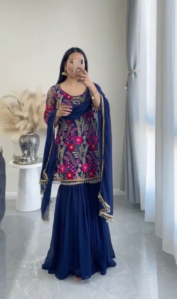 Blue Color Embroidery Work Sharara Suit - Image 2