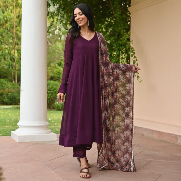 Wine Color Fox Georgette Gown With Dupatta - Image 3