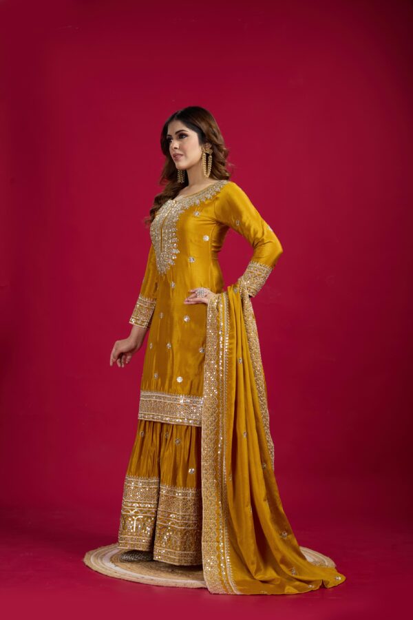 Mustard Color Chinon Silk Sharara Suit - Image 5