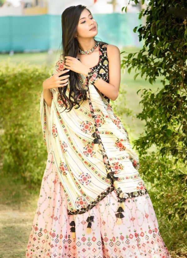 White Color Mirror Work Printed Lehenga Choli - Image 2