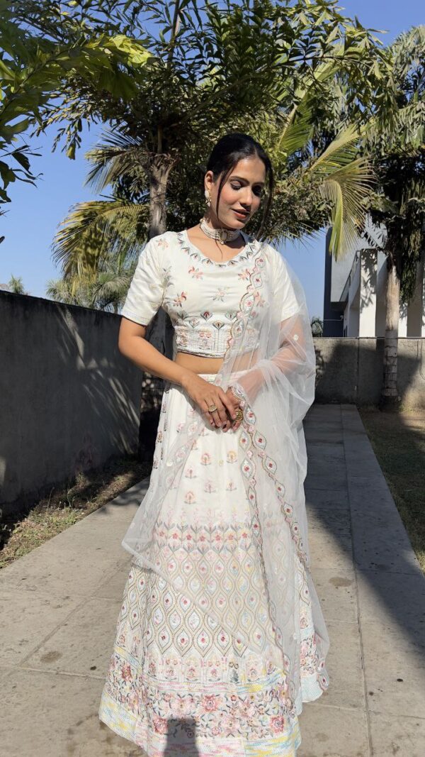 White Color Thread Embroidery Work Georgette Lehenga Choli