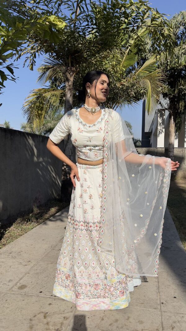 White Color Thread Embroidery Work Georgette Lehenga Choli - Image 2