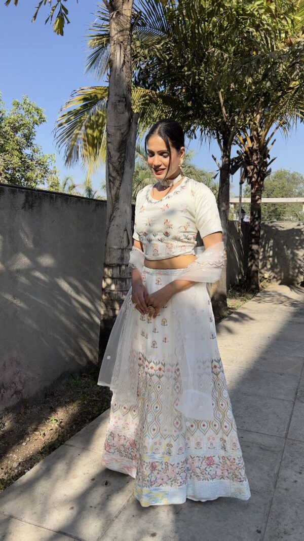 White Color Thread Embroidery Work Georgette Lehenga Choli - Image 3