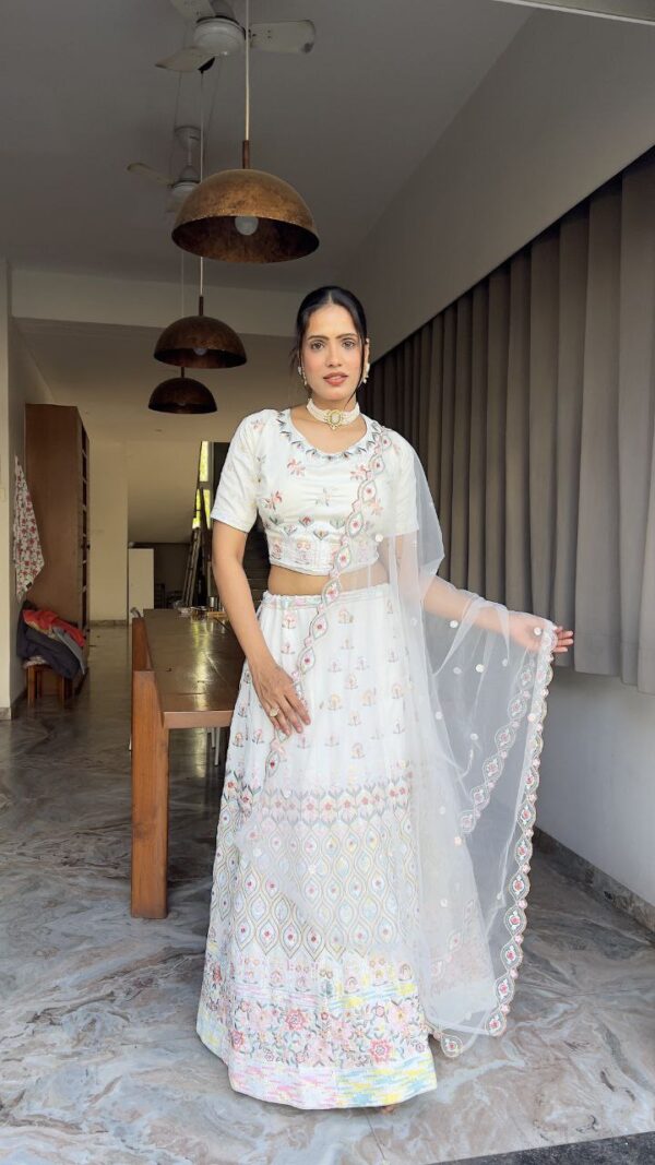 White Color Thread Embroidery Work Georgette Lehenga Choli - Image 4