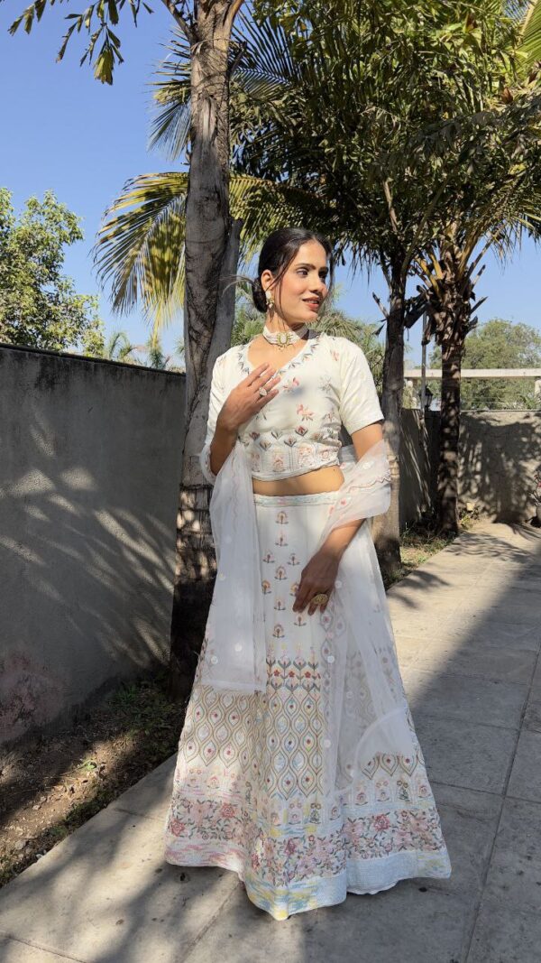 White Color Thread Embroidery Work Georgette Lehenga Choli - Image 5