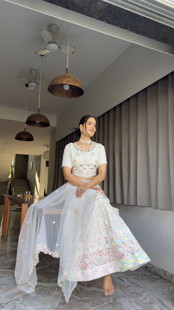 White Color Thread Embroidery Work Georgette Lehenga Choli - Image 6