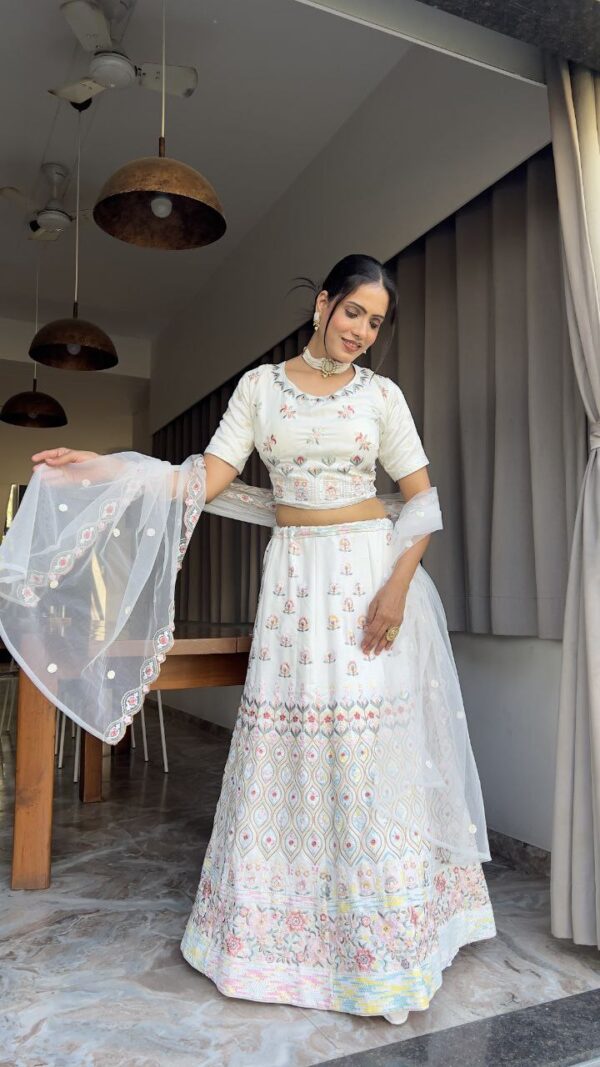 White Color Thread Embroidery Work Georgette Lehenga Choli - Image 7