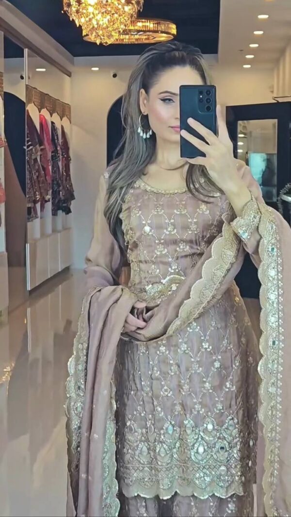 Beige Color Embroidery Work Sharara Suit - Image 2
