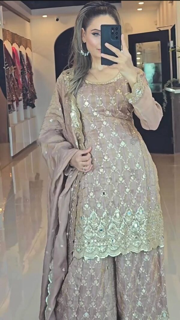 Beige Color Embroidery Work Sharara Suit