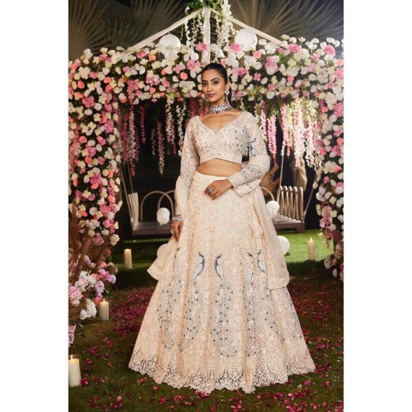 Cream Color Butterfly Net Heavy Lehenga Choli - Image 3