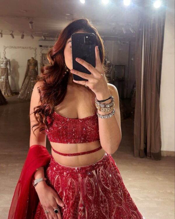 Red Color Thread Embroidery Work Lehenga Choli - Image 5
