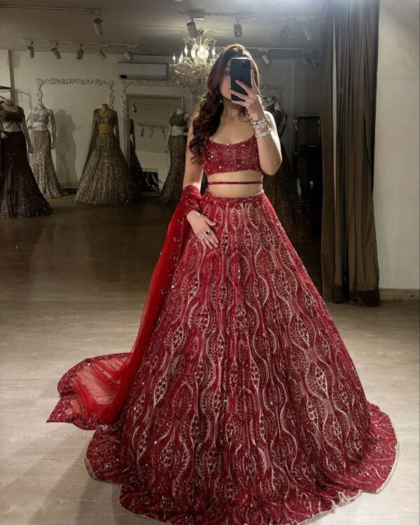 Red Color Thread Embroidery Work Lehenga Choli - Image 2