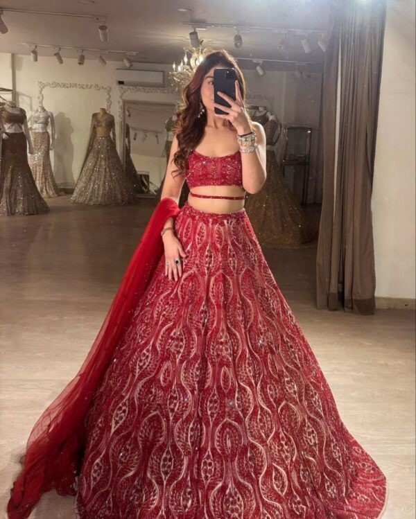Red Color Thread Embroidery Work Lehenga Choli - Image 3