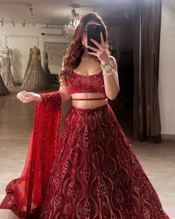 Red Color Thread Embroidery Work Lehenga Choli - Image 4