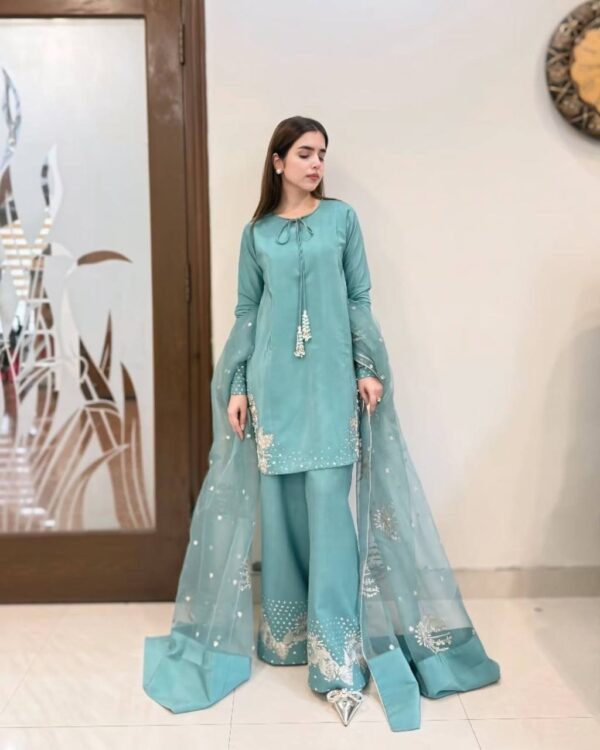 Natural Crep Silk With Work Blue Suit - Image 3