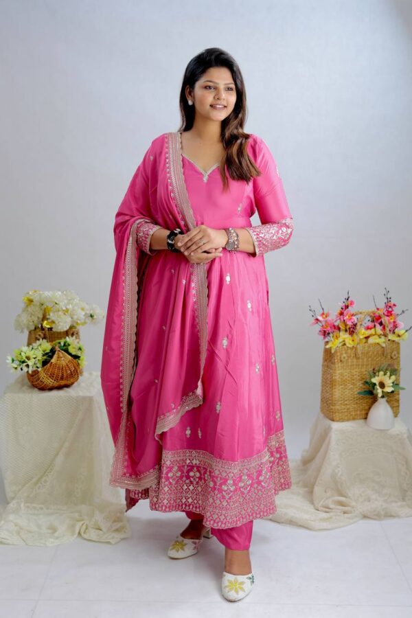Pink Color Embroidery Work Designer Gown - Image 2