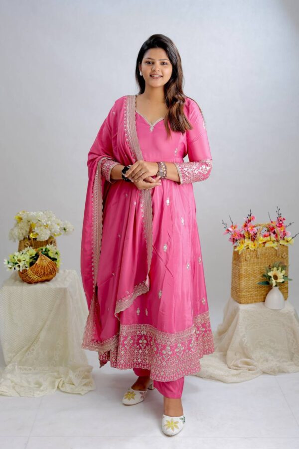 Pink Color Embroidery Work Designer Gown - Image 3