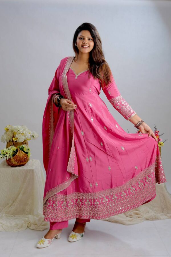 Pink Color Embroidery Work Designer Gown - Image 4