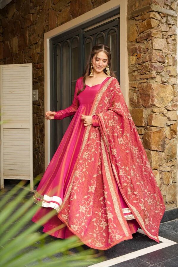 Pink Color Embroidery Sequence Work Gown - Image 2