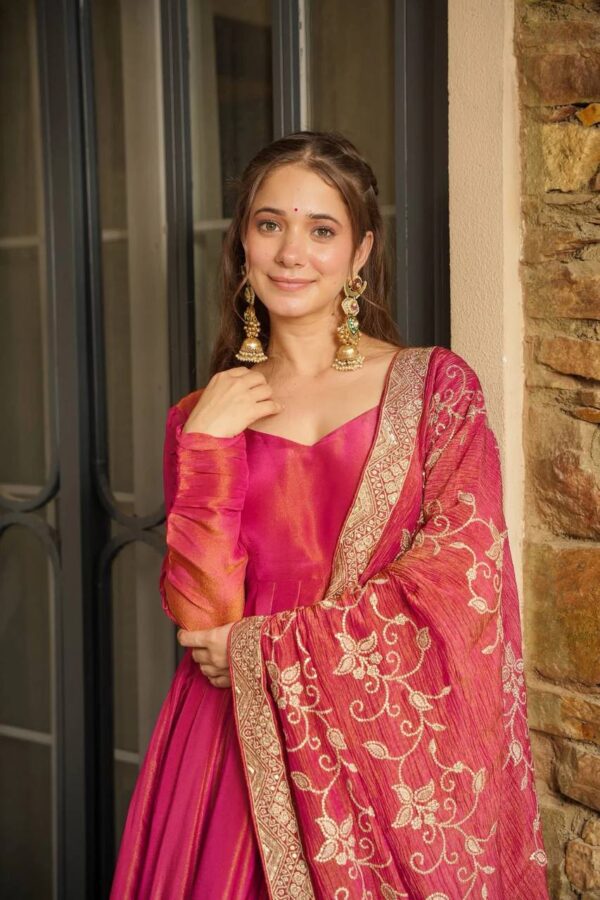 Pink Color Embroidery Sequence Work Gown