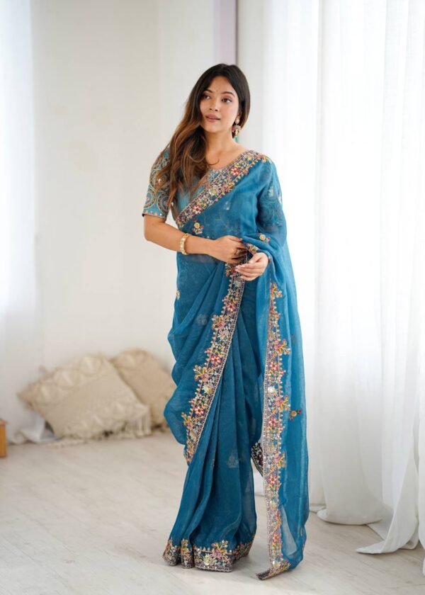 Sky Blue Color Thread Embroidered Silk Saree - Image 2