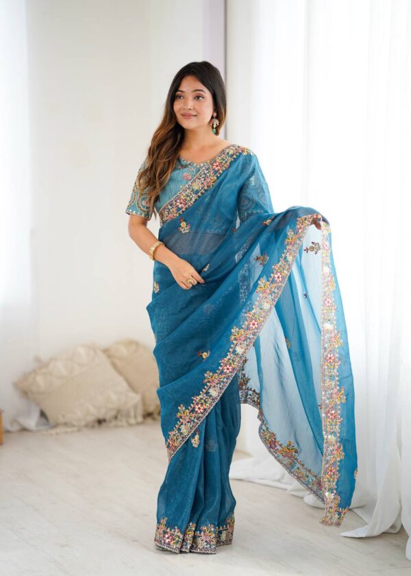 Sky Blue Color Thread Embroidered Silk Saree - Image 3